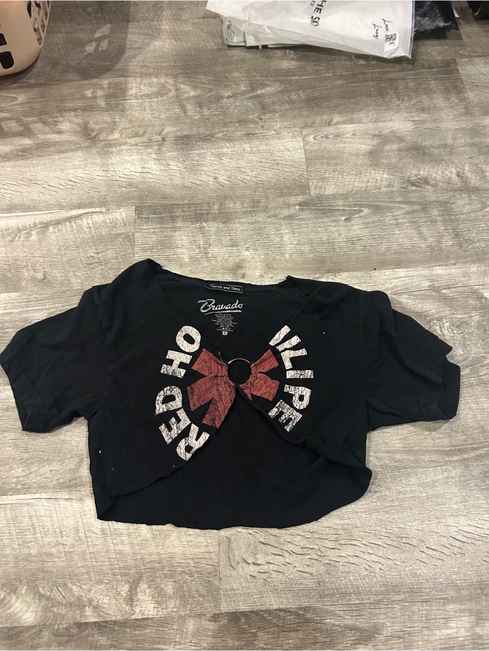 Bravado Black Crop Tee with Red Bow and Ring Accent
